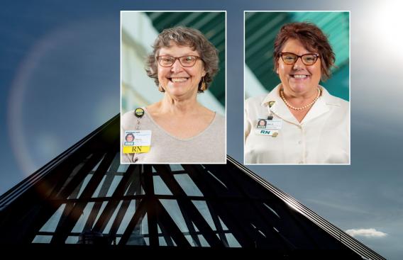 Photo of Julie Percy, RN-BC, Care Coordinator at Dartmouth-Hitchcock (D-H) Concord Primary Care, and Sharry Keller, RN, CHPN, Palliative Care Nurse Clinician with the D-H Palliative Medicine Team