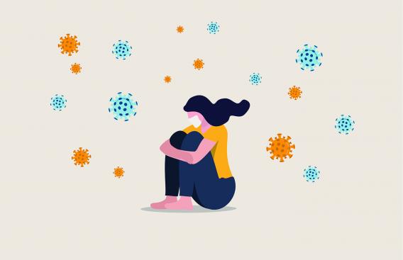 Illustration of women sitting on ground with COVID germs around her